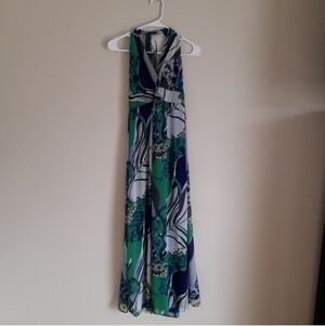 Elegant Green and Blue Floral Maxi Dress